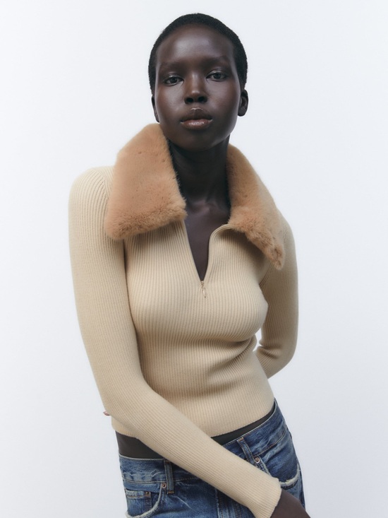 Zara Sweaters - Zara Ribbed Zip-Neck Sweater with Faux Fur Collar - Beige